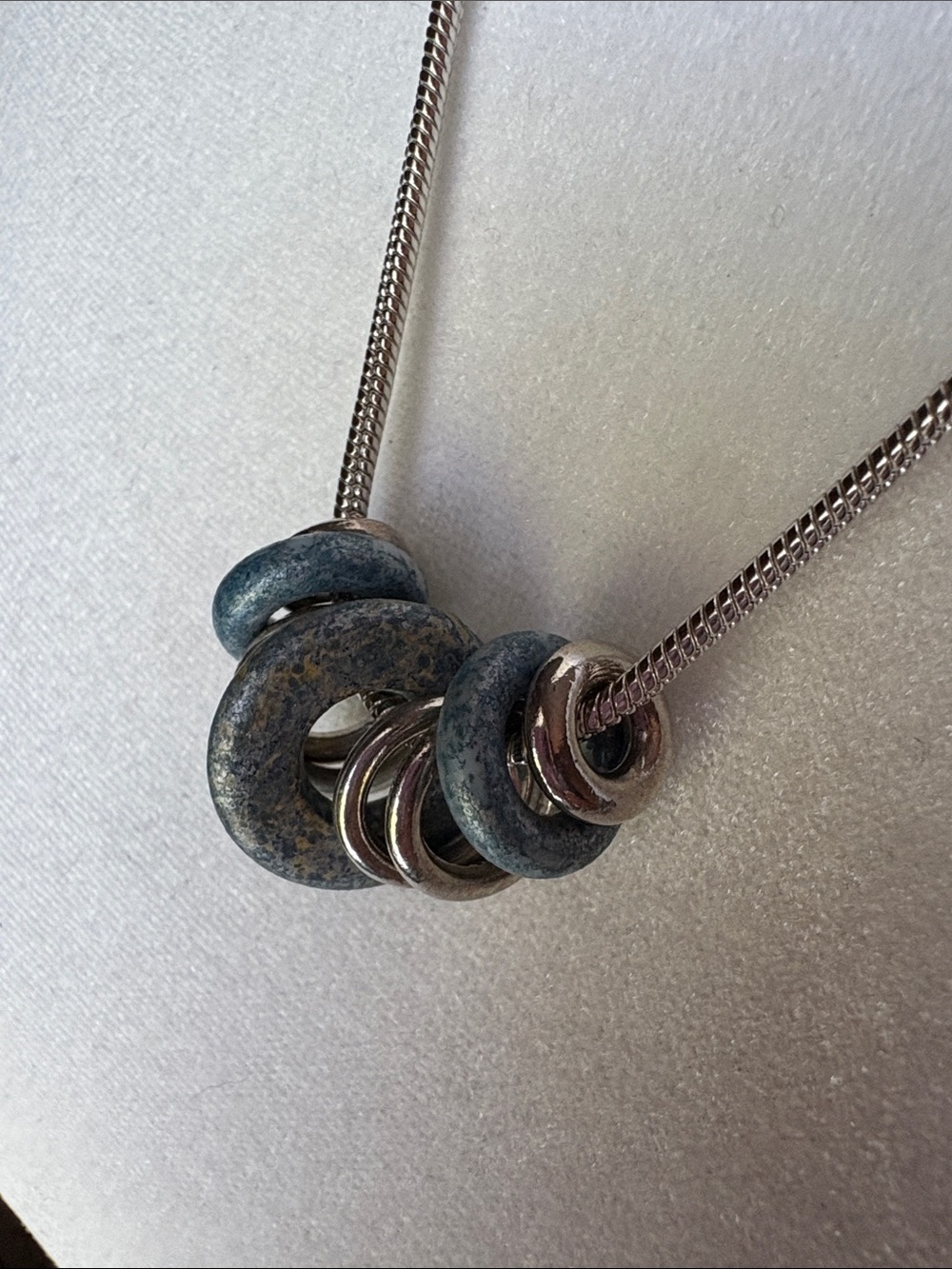 Sterling Silver Chain Necklace with Blue-Grey Stone Discs